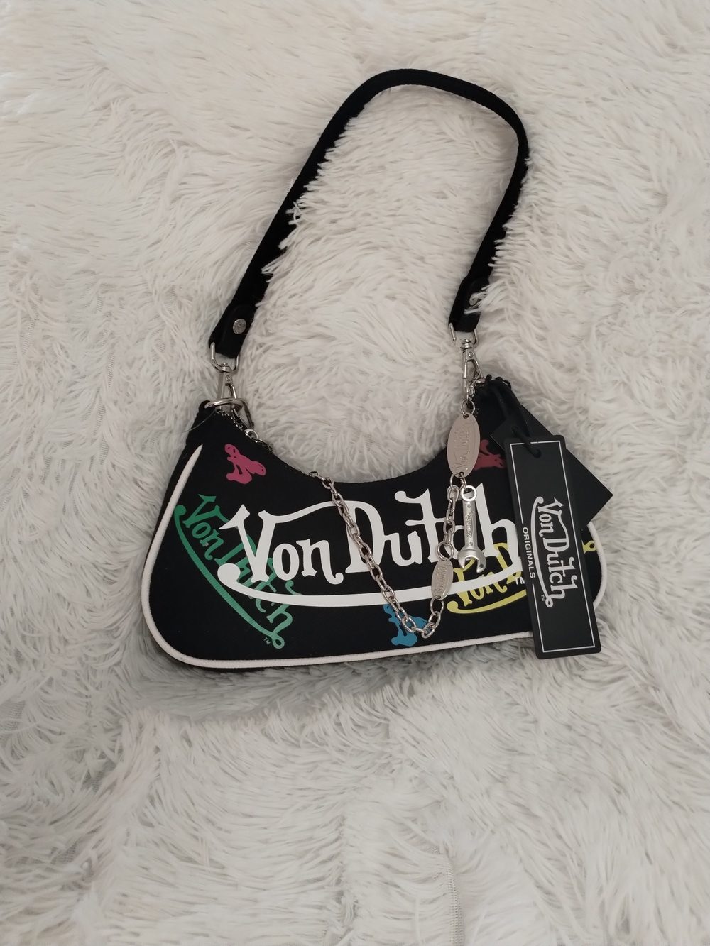 Von Dutch Black Shoulder Bag with Multicolor Logo Accents